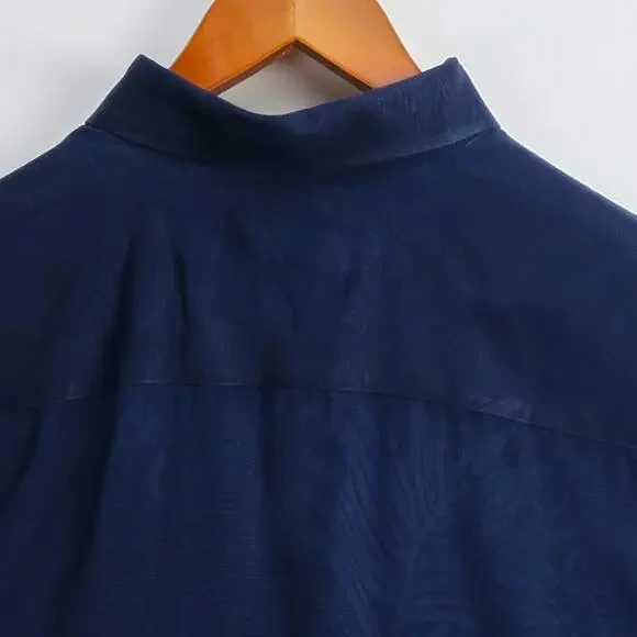 Caribbean 100% Silk Shirt Mens XL Navy Palm Textured Tropical Short Sleeve - Picture 10 of 11